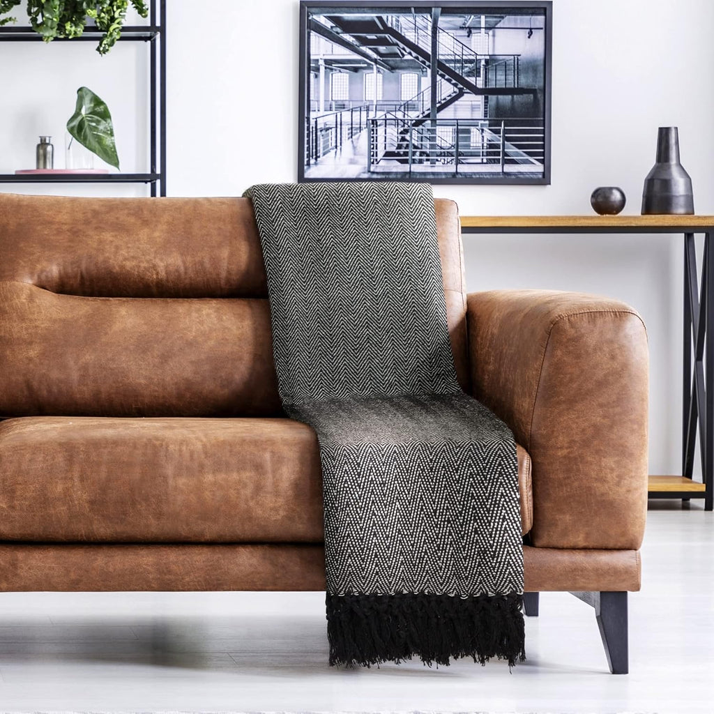 Emma Barclay Herringbone - Recycled Cotton Patterned Chair Sofa Setee Bed Throw Over Blanket in Natural - 50x60 (127x152cm)