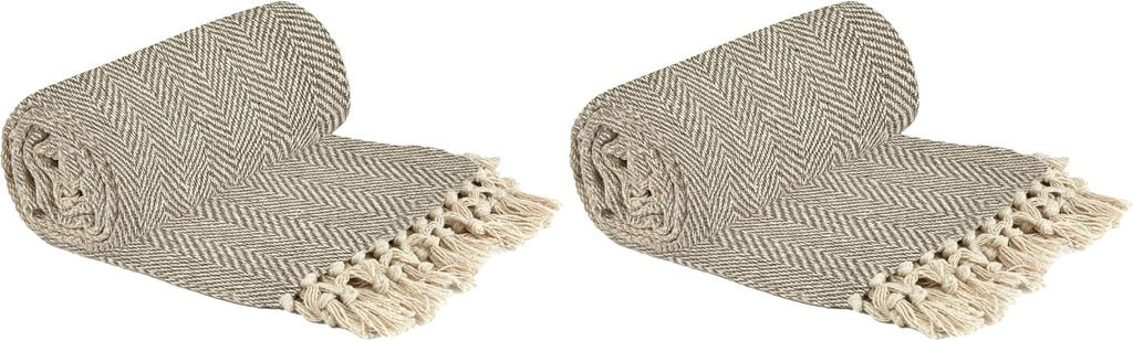 Emma Barclay Herringbone - Recycled Cotton Patterned Chair Sofa Setee Bed Throw Over Blanket in Natural - 50x60 (127x152cm)