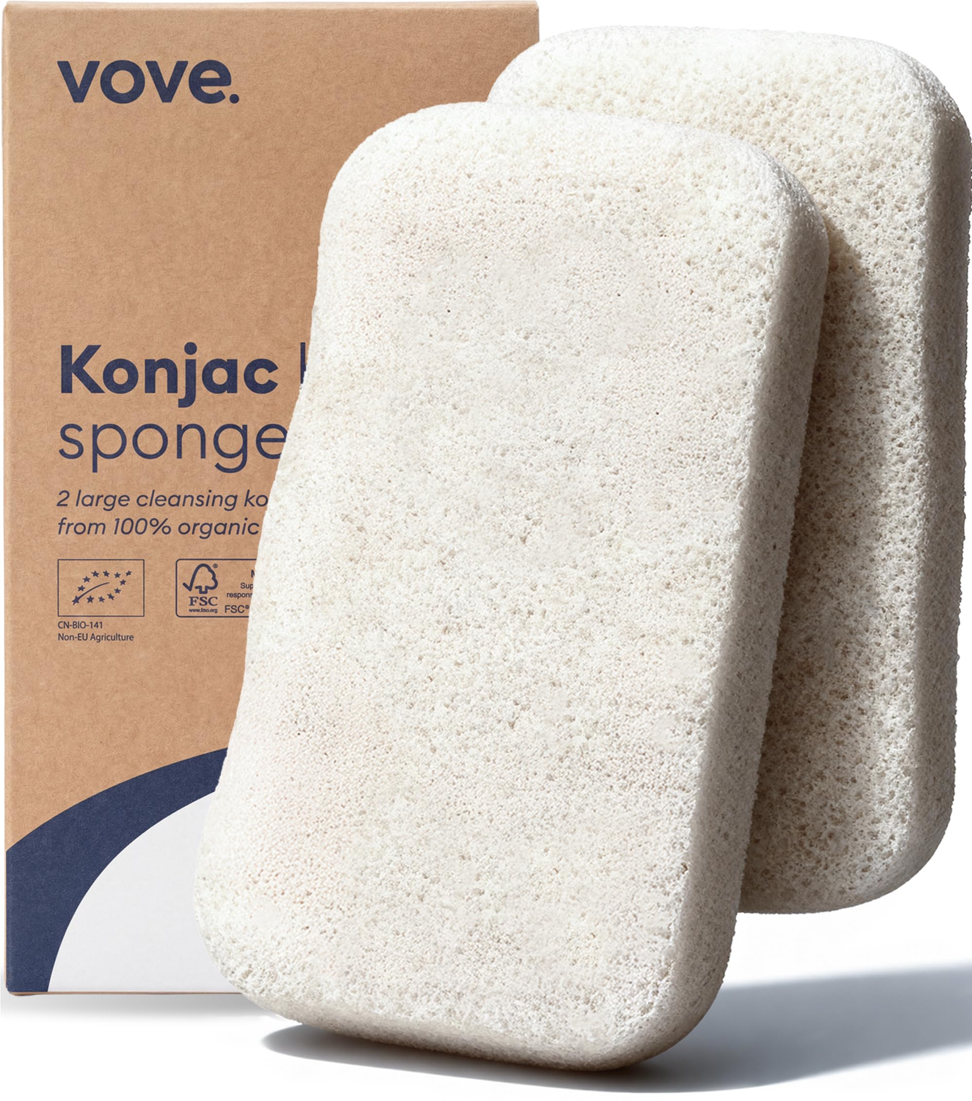 Vove Organic Konjac Facial Sponges, Pack of 3 - Exfoliating Face Sponges with Bamboo Charcoal & Green Clay, Gentle for All Skin Types, Natural Vegan Skincare, Certified Organic