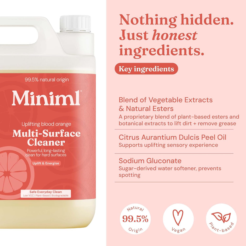 Miniml Eco Multi Surface Cleaner General Purpose Spray 5L Refill – Blood Orange Scented for Cleaning All Surfaces Floors Walls Glass Kitchen Bathroom - Natural Plant Based Vegan Formula & Cruelty Free