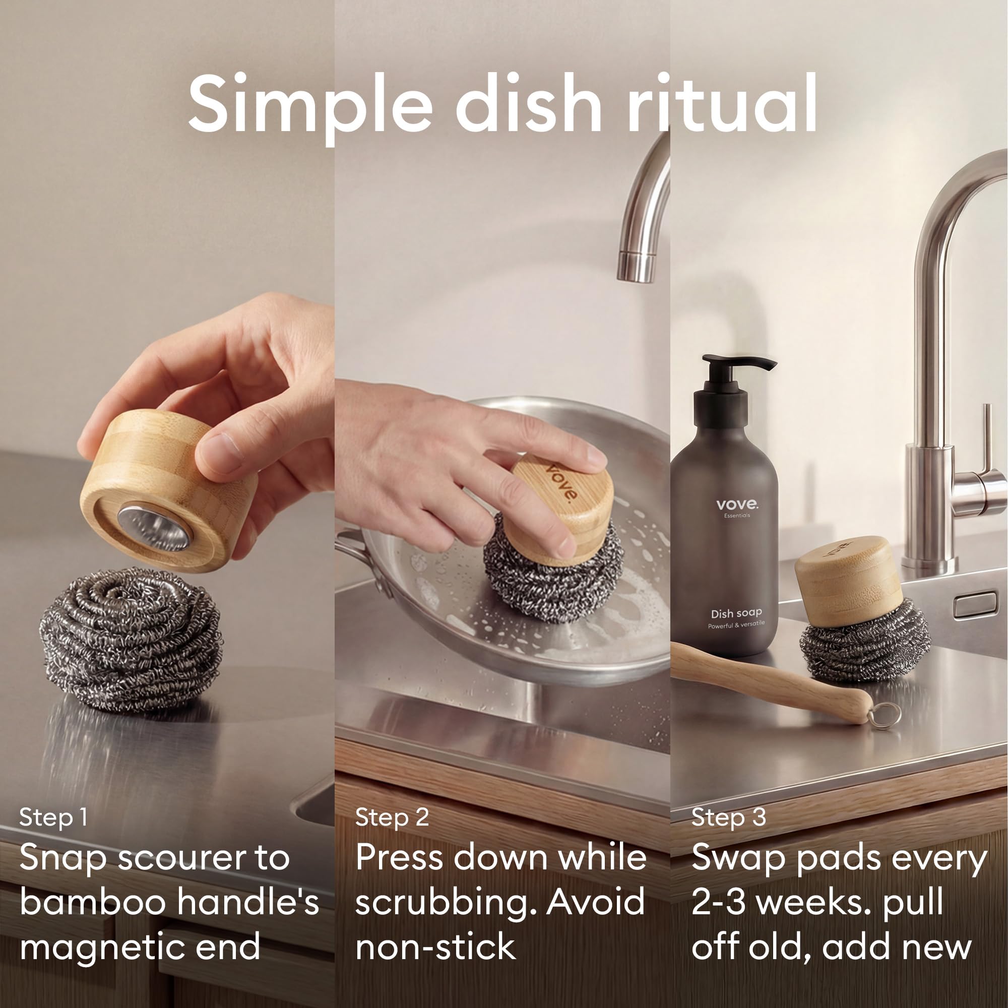 Vove Magnetic Scourer – Rust-Free Stainless Steel Scrubber with FSC-Certified Bamboo Handle, 3 Replacement Pads, for Cast Iron, Pots & Pans, Plastic-Free Zero Waste Washing Up Tool
