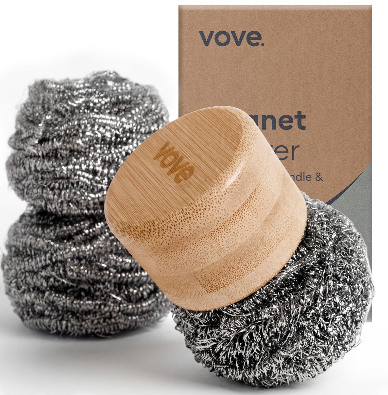 Vove Magnetic Scourer – Rust-Free Stainless Steel Scrubber with FSC-Certified Bamboo Handle, 3 Replacement Pads, for Cast Iron, Pots & Pans, Plastic-Free Zero Waste Washing Up Tool