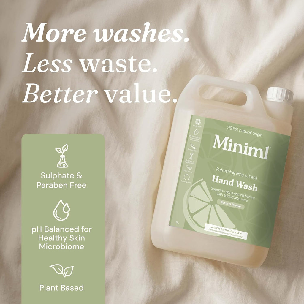 Miniml Hand Soap Wash Liquid 5L Refill - Lime, Basil & Mandarin Infused Hand, Skin & Body Wash Gel for Soft and Sensitive Skin Care - 100% Vegan & Cruelty Free