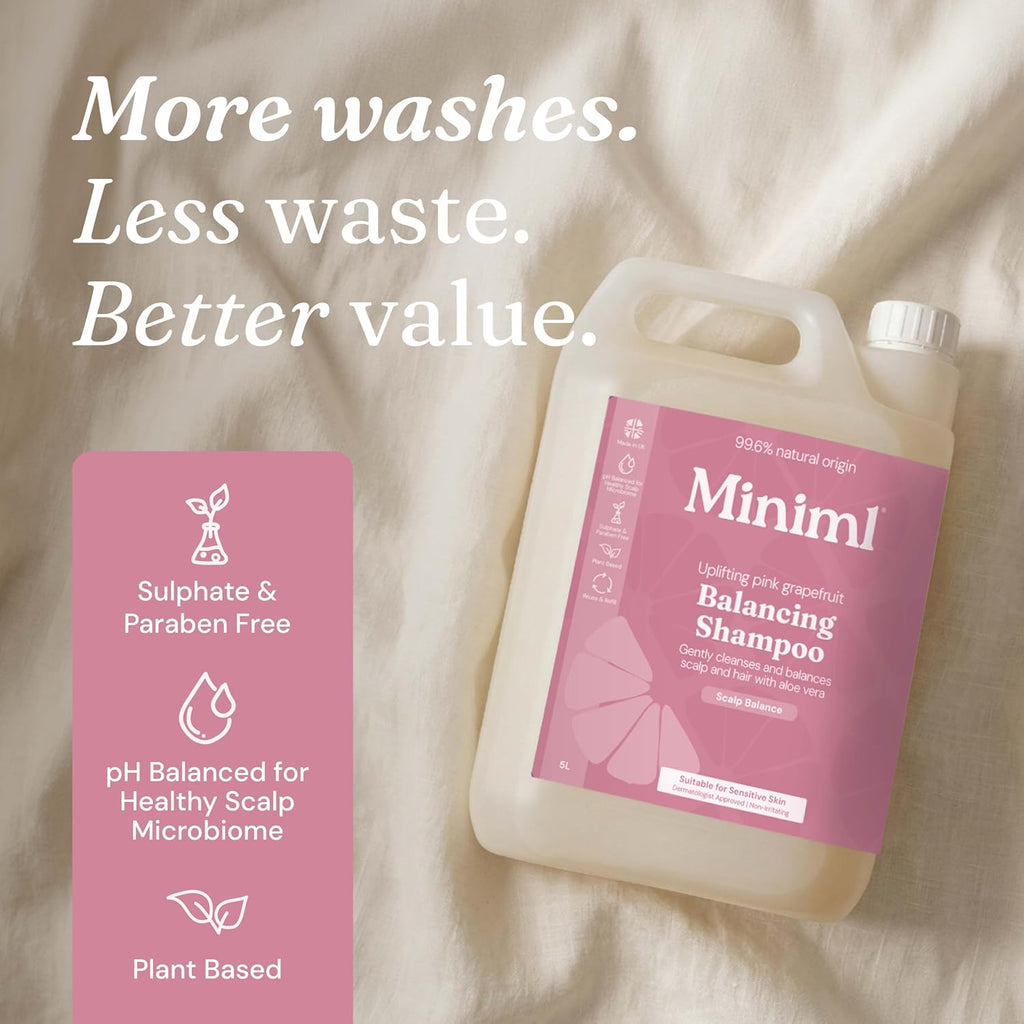 Miniml Natural Hair Shampoo Eco Friendly – 5L Refill Pink Grapefruit & Aloe Vera Men and Womens Sensitive Scalp & Skin Cruelty Free Vegan Shampoo - For Greasy, Curly, Dry and Dandruff Hair