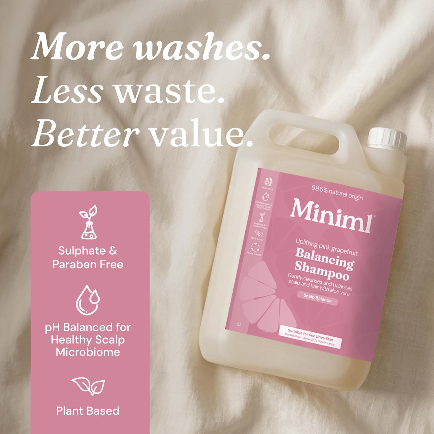 Miniml Natural Hair Shampoo Eco Friendly – 5L Refill Pink Grapefruit & Aloe Vera Men and Womens Sensitive Scalp & Skin Cruelty Free Vegan Shampoo - For Greasy, Curly, Dry and Dandruff Hair