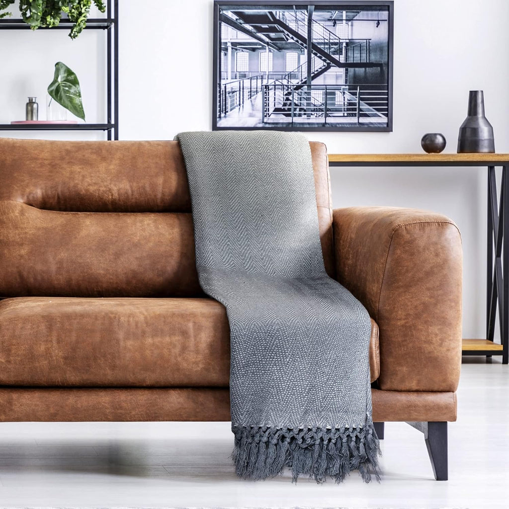 Emma Barclay Herringbone - Recycled Cotton Patterned Chair Sofa Setee Bed Throw Over Blanket in Natural - 50x60 (127x152cm)