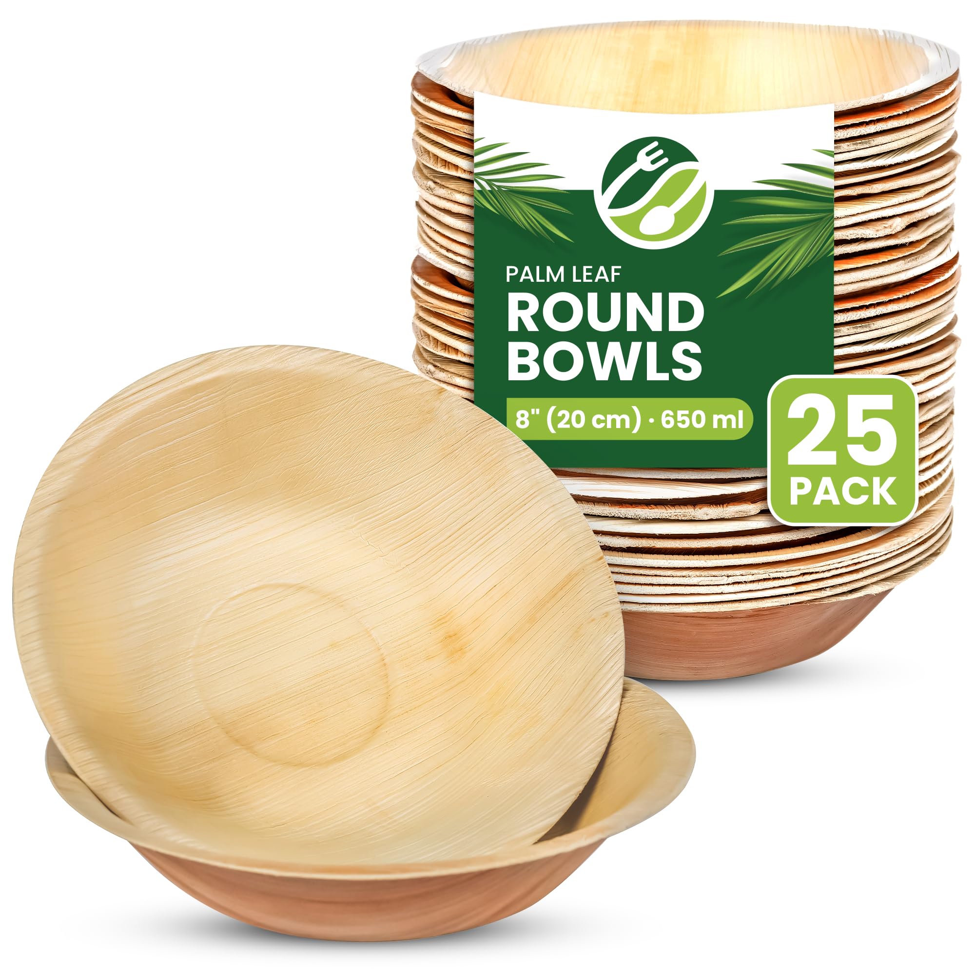 ECO Leaf 50 Disposable Palm Leaf Bowls | 8”(20cm) Round Compostable Dinner Bowls | Eco-Friendly, Biodegradable Heavy-Duty Bowl for Wedding, Party and Picnic | Microwave & Oven Safe, Pack of 50