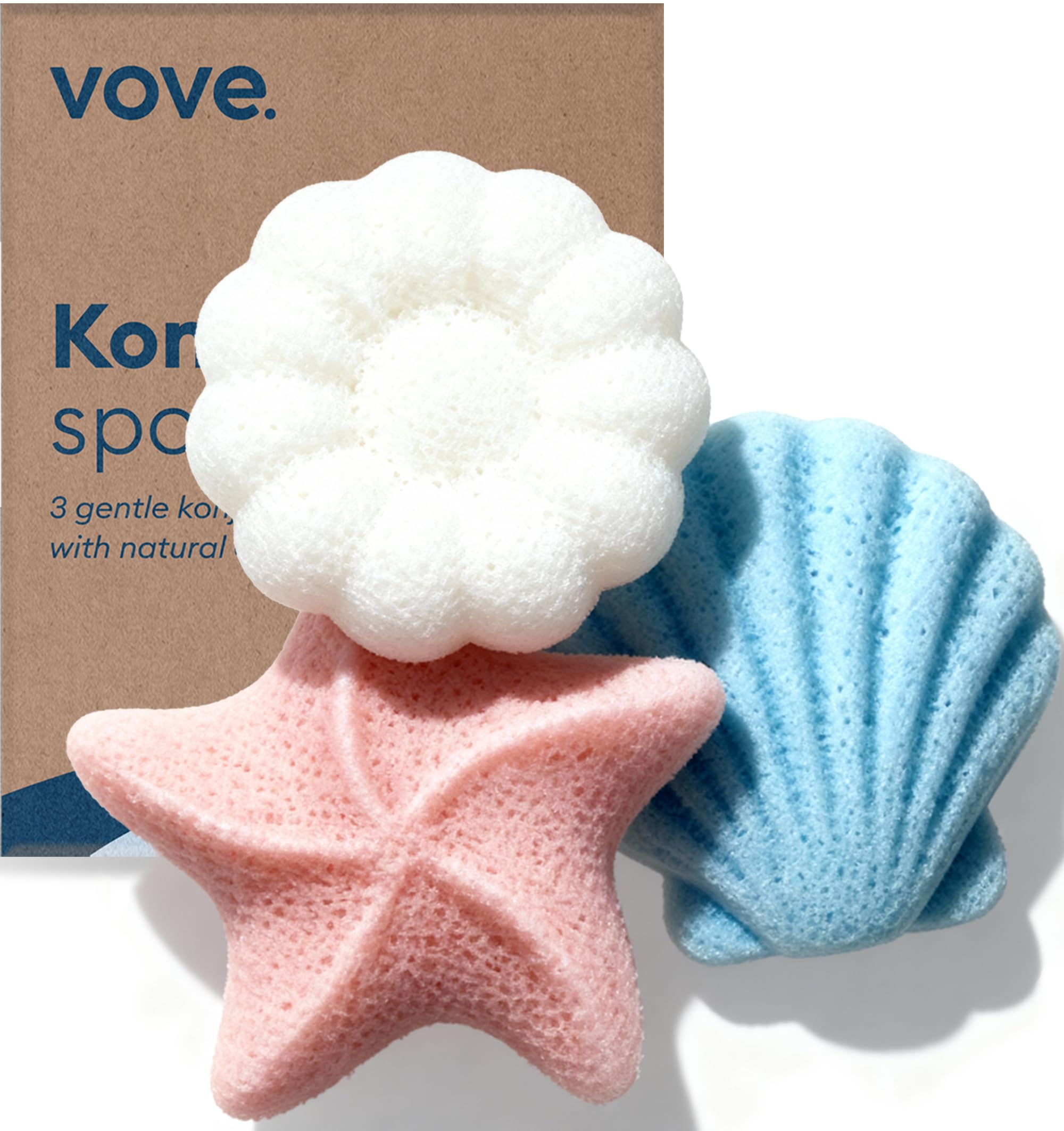 Vove Organic Konjac Facial Sponges, Pack of 3 - Exfoliating Face Sponges with Bamboo Charcoal & Green Clay, Gentle for All Skin Types, Natural Vegan Skincare, Certified Organic