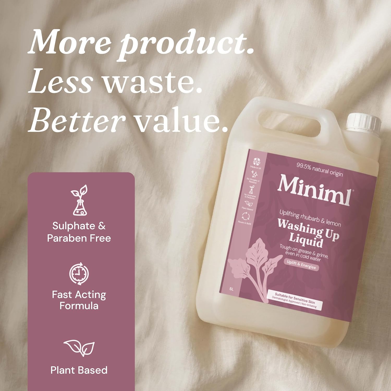 Miniml Eco Washing Up Liquid 5L Refill - Wild Rhubarb & Lemon Scented Non Bio & Skin Sensitive Friendly Dish Wash Cleaner Plant Based Vegan & Cruelty Free - Natural Cleaning Products (500 Washes)