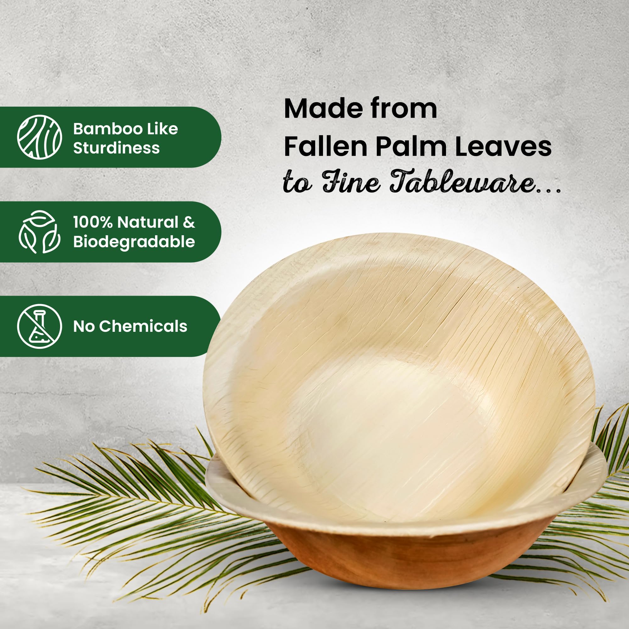 ECO Leaf 50 Disposable Palm Leaf Bowls | 8”(20cm) Round Compostable Dinner Bowls | Eco-Friendly, Biodegradable Heavy-Duty Bowl for Wedding, Party and Picnic | Microwave & Oven Safe, Pack of 50