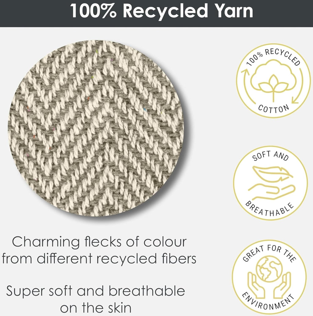 Emma Barclay Herringbone - Recycled Cotton Patterned Chair Sofa Setee Bed Throw Over Blanket in Natural - 50x60 (127x152cm)