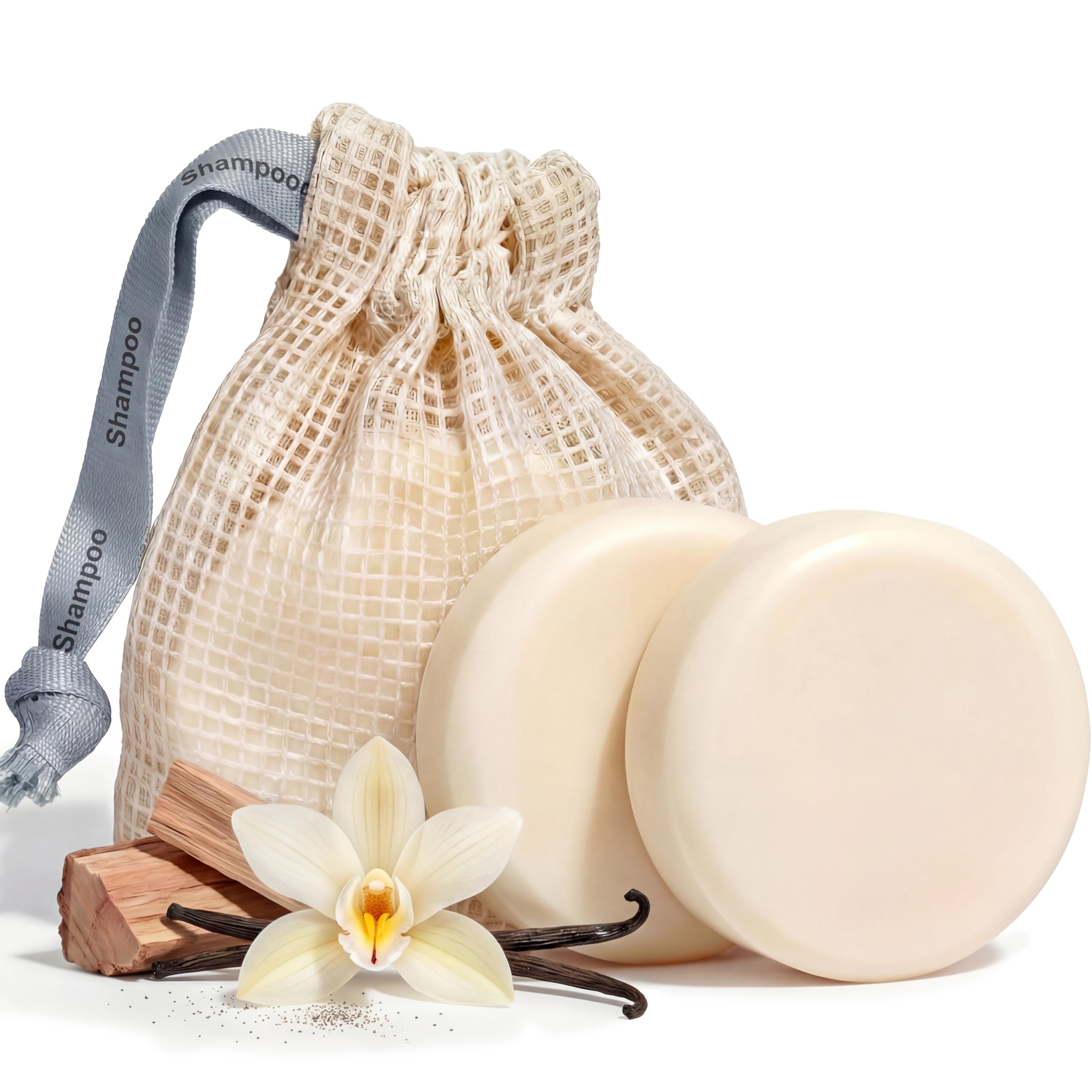 Vove Shampoo Bar Set (2 Bars + Storage Bag) - Sulphate Free Solid Shampoo for Hair Growth & Strength - Rice Protein, Ginseng & Squalane - Vanilla Cedar Scent - Plastic Free, pH Balanced, Colour Safe
