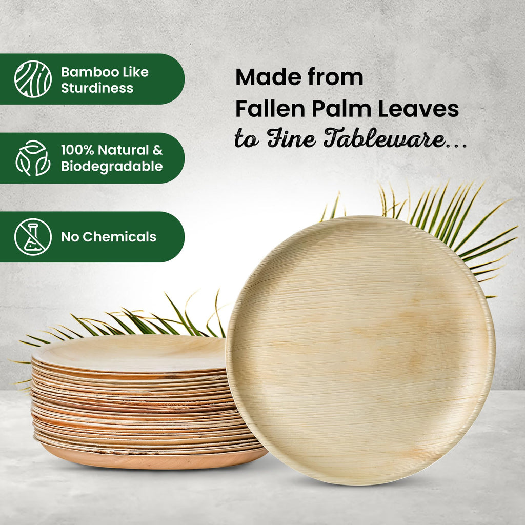 ECO Leaf 350 Pcs Disposable Palm Leaf Dinner Set | 50 X 10 Round Plates, 5" Round Bowls, 8oz Bamboo Paper Cups, Wooden Cutlery Set | Eco-Friendly Heavy-Duty Bundle for Wedding, Party, Picnic