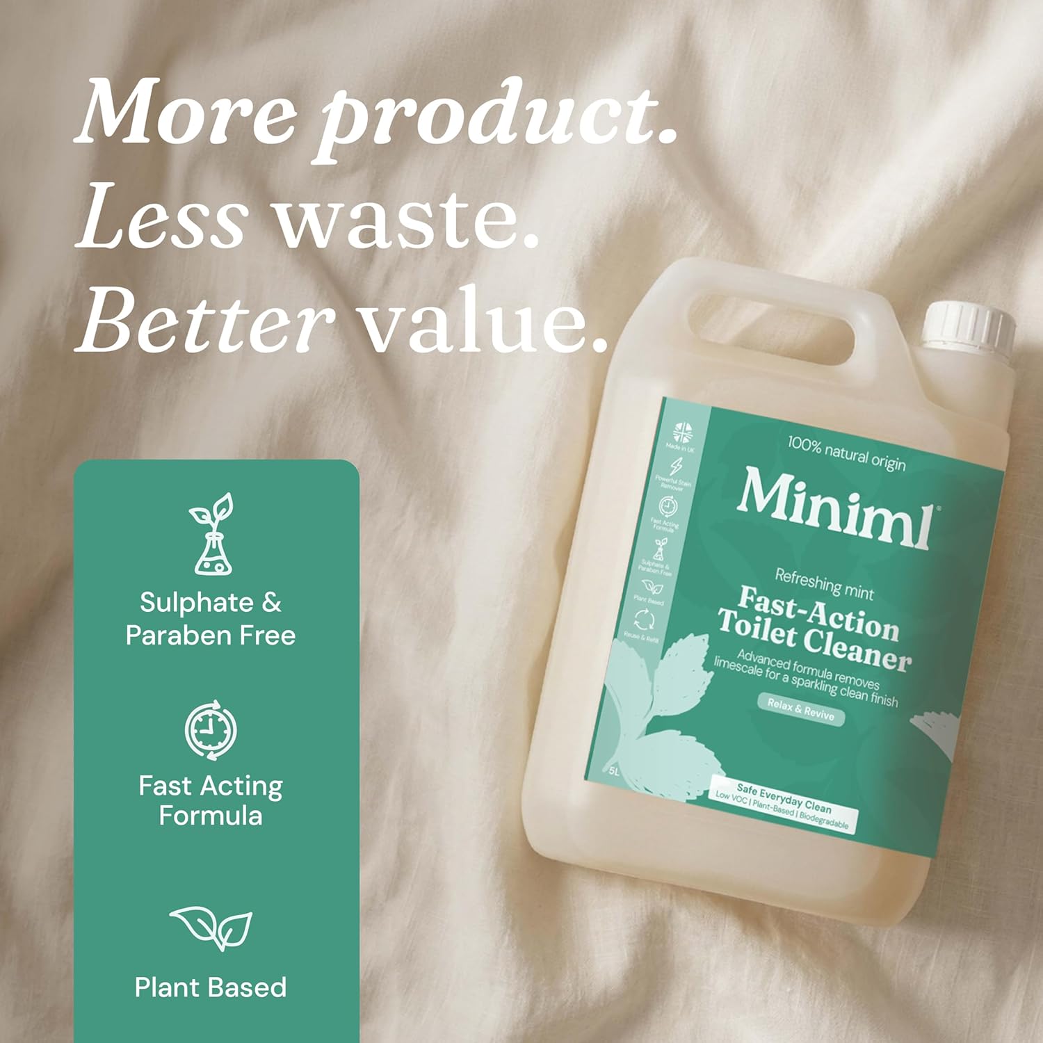 Miniml Eco Toilet Cleaner Spearmint & Peppermint 5L Refill - All Natural Limescale Remover, Descaler and Heavy Duty Refill Rim & Bowl Cleaning Liquid Antibacterial Bleach - 100% Vegan & Cruelty Free