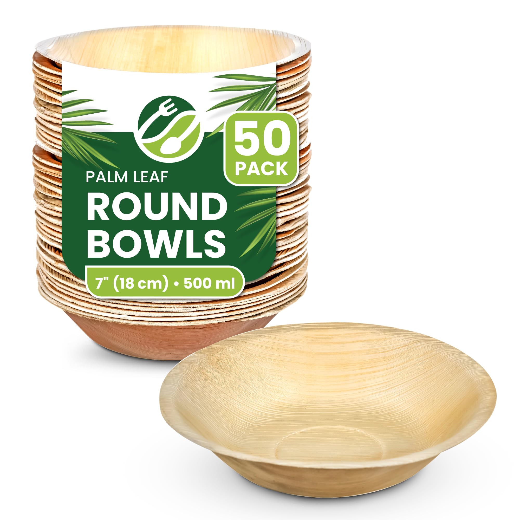 ECO Leaf 50 Disposable Palm Leaf Bowls | 8”(20cm) Round Compostable Dinner Bowls | Eco-Friendly, Biodegradable Heavy-Duty Bowl for Wedding, Party and Picnic | Microwave & Oven Safe, Pack of 50