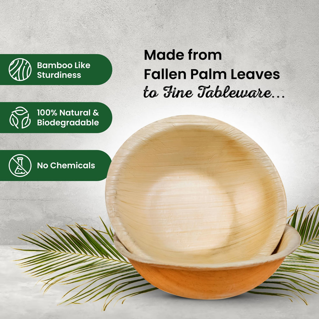 ECO Leaf 50 Disposable Palm Leaf Bowls | 8”(20cm) Round Compostable Dinner Bowls | Eco-Friendly, Biodegradable Heavy-Duty Bowl for Wedding, Party and Picnic | Microwave & Oven Safe, Pack of 50