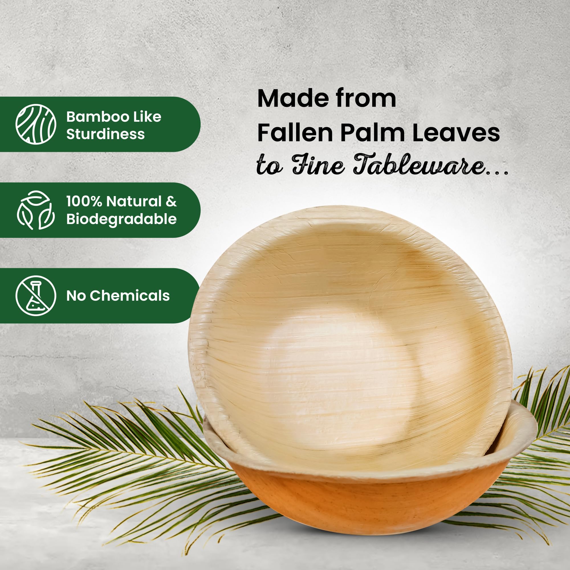 ECO Leaf 50 Disposable Palm Leaf Bowls | 8”(20cm) Round Compostable Dinner Bowls | Eco-Friendly, Biodegradable Heavy-Duty Bowl for Wedding, Party and Picnic | Microwave & Oven Safe, Pack of 50
