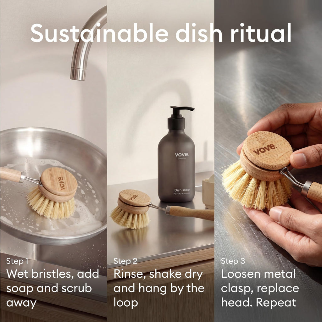 Vove Bamboo Washing Up Brush with 3 Replacement Heads, Plastic-Free Kitchen Scrubbing Brush for Pots Pans and Dishes, FSC-Certified Bamboo Handle with Natural Fibre Bristles, Non-Toxic Zero-Waste