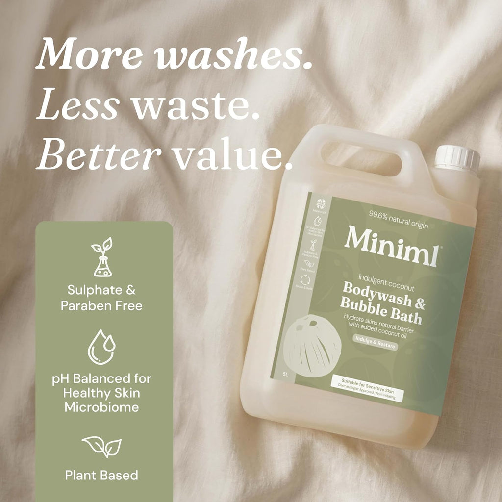Miniml All Natural Body Wash and Bubble Bath - 5L Refill Moisturising Tea Tree and Mint Sensitive Skin Eco Shower Gel Bath Soak - Vegan Friendly Hand, Face & Body High Foam Scrub