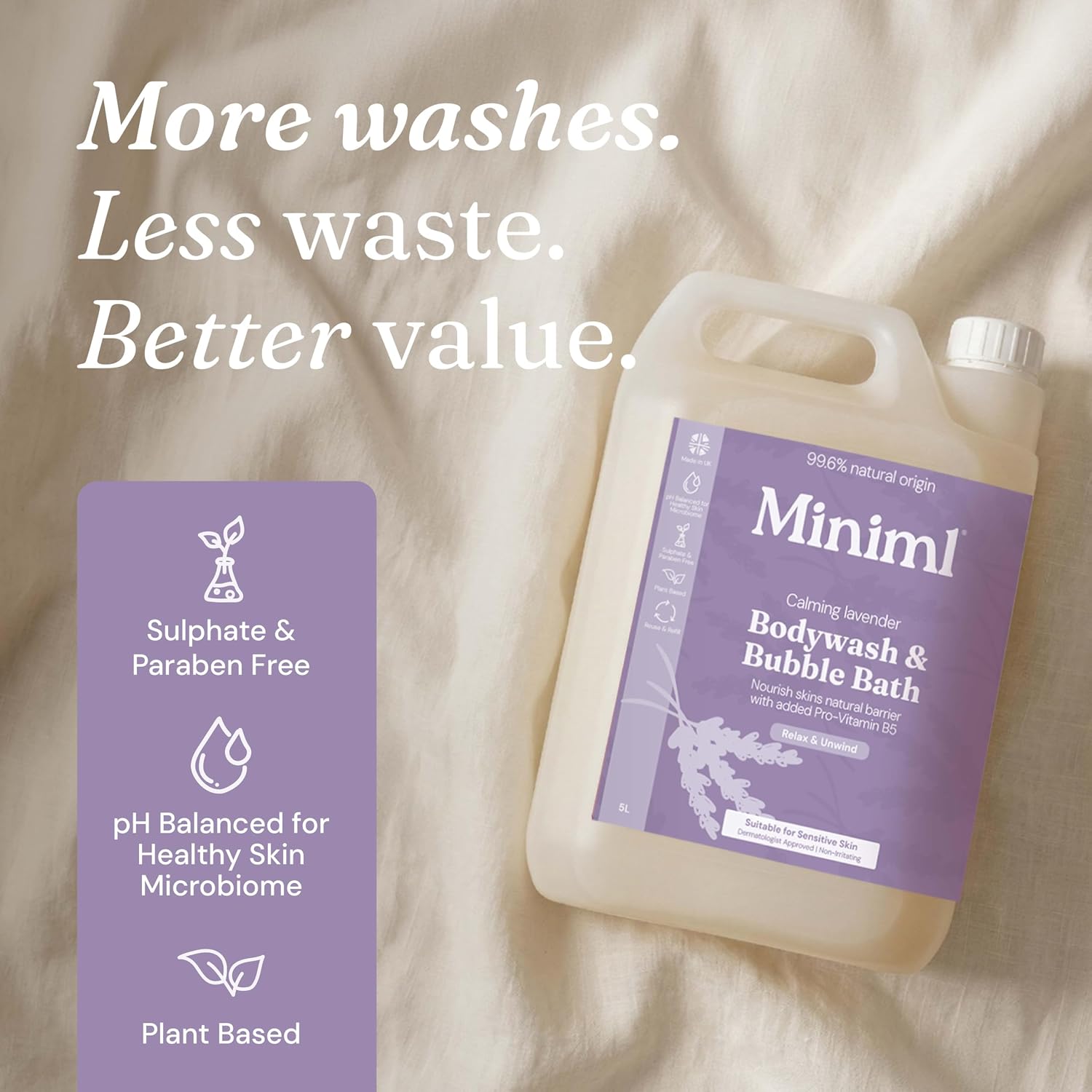 Miniml All Natural Body Wash and Bubble Bath - 5L Refill Moisturising Tea Tree and Mint Sensitive Skin Eco Shower Gel Bath Soak - Vegan Friendly Hand, Face & Body High Foam Scrub
