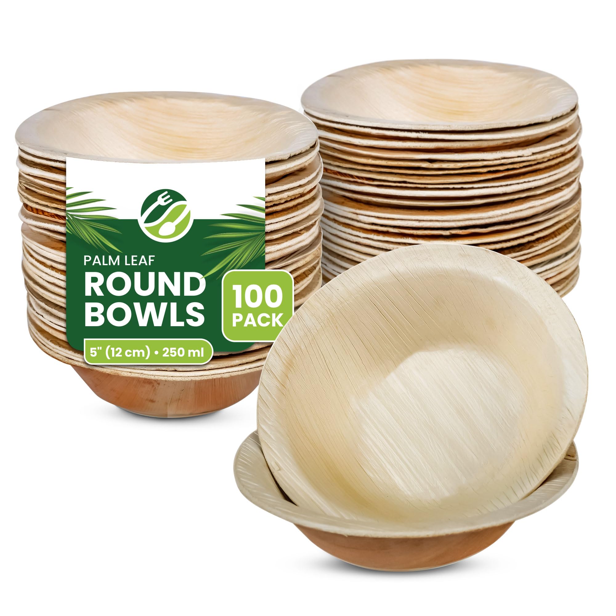 ECO Leaf 50 Disposable Palm Leaf Bowls | 8”(20cm) Round Compostable Dinner Bowls | Eco-Friendly, Biodegradable Heavy-Duty Bowl for Wedding, Party and Picnic | Microwave & Oven Safe, Pack of 50