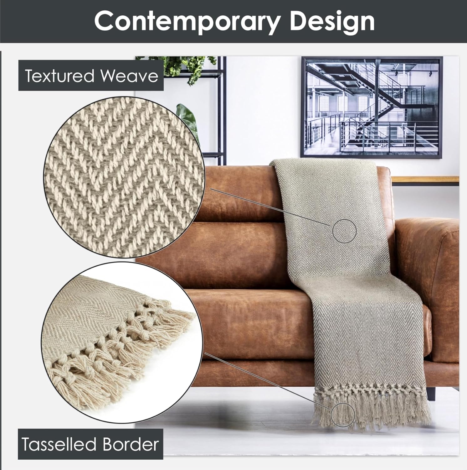 Emma Barclay Herringbone - Recycled Cotton Patterned Chair Sofa Setee Bed Throw Over Blanket in Natural - 50x60 (127x152cm)