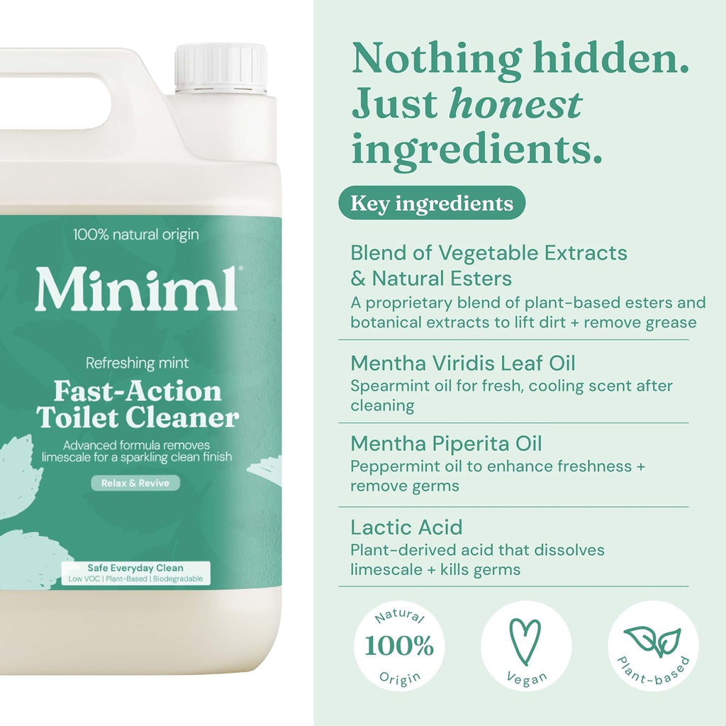 Miniml Eco Toilet Cleaner Spearmint & Peppermint 5L Refill - All Natural Limescale Remover, Descaler and Heavy Duty Refill Rim & Bowl Cleaning Liquid Antibacterial Bleach - 100% Vegan & Cruelty Free