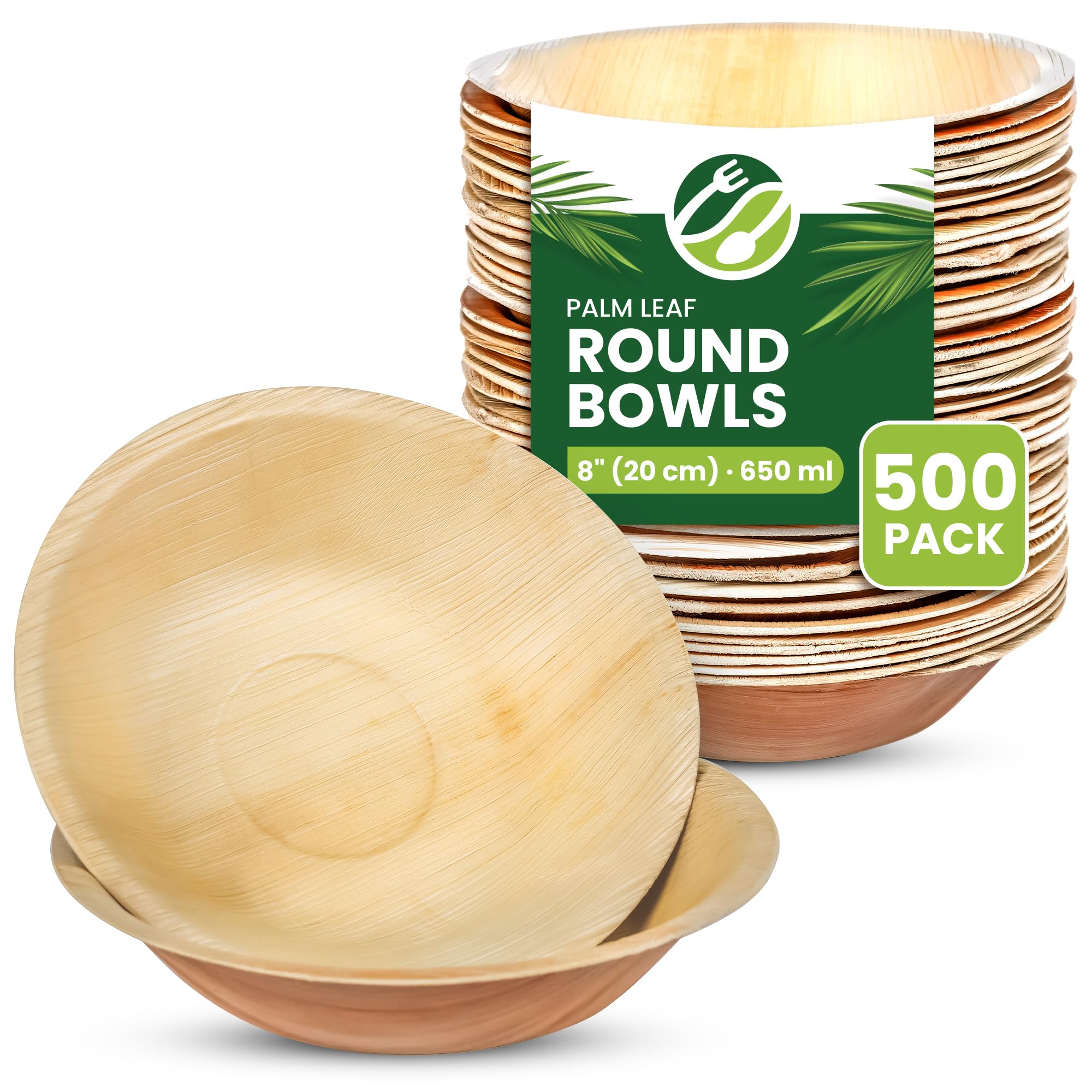 ECO Leaf 50 Disposable Palm Leaf Bowls | 8”(20cm) Round Compostable Dinner Bowls | Eco-Friendly, Biodegradable Heavy-Duty Bowl for Wedding, Party and Picnic | Microwave & Oven Safe, Pack of 50