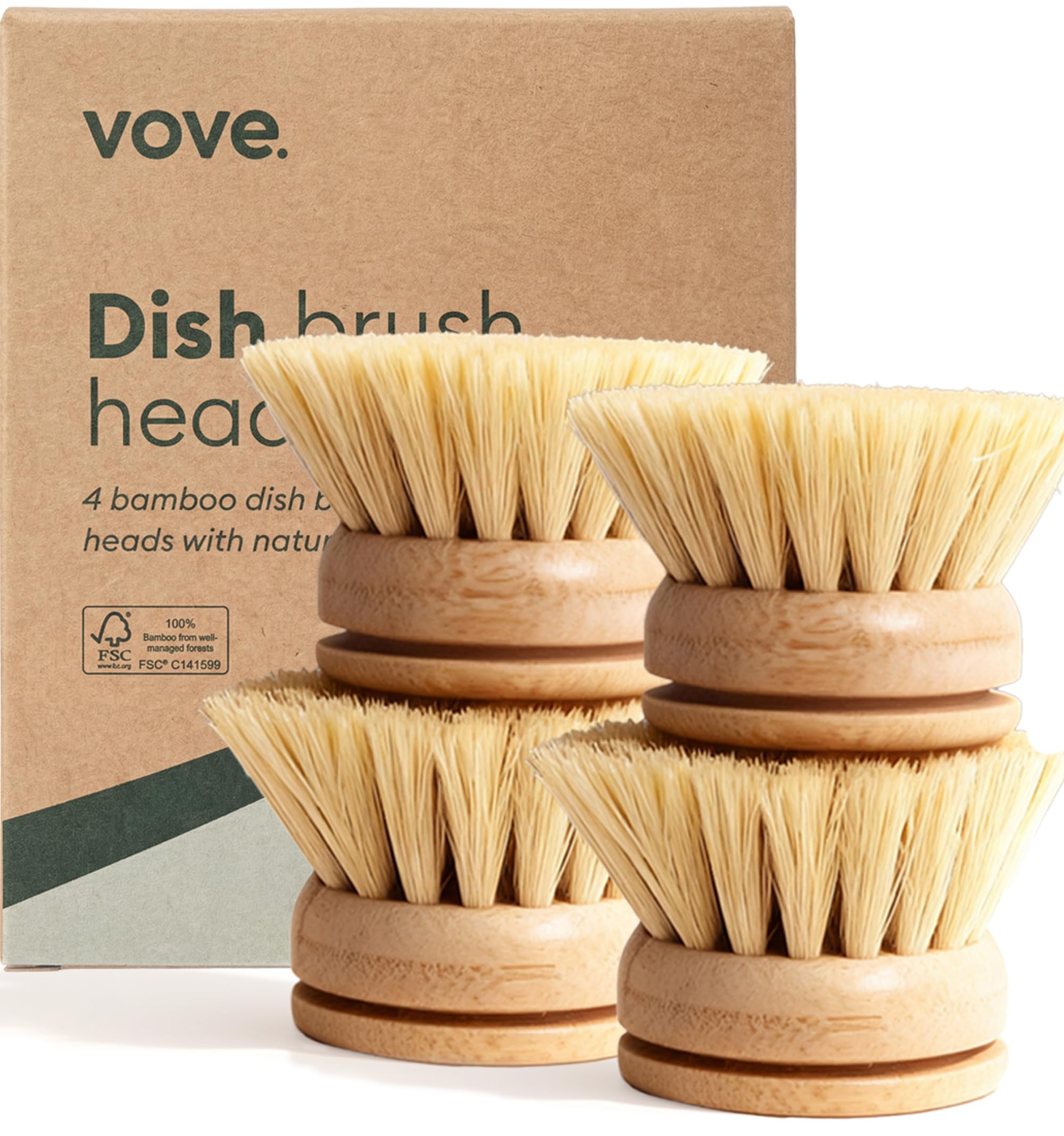 Vove Bamboo Washing Up Brush with 3 Replacement Heads, Plastic-Free Kitchen Scrubbing Brush for Pots Pans and Dishes, FSC-Certified Bamboo Handle with Natural Fibre Bristles, Non-Toxic Zero-Waste