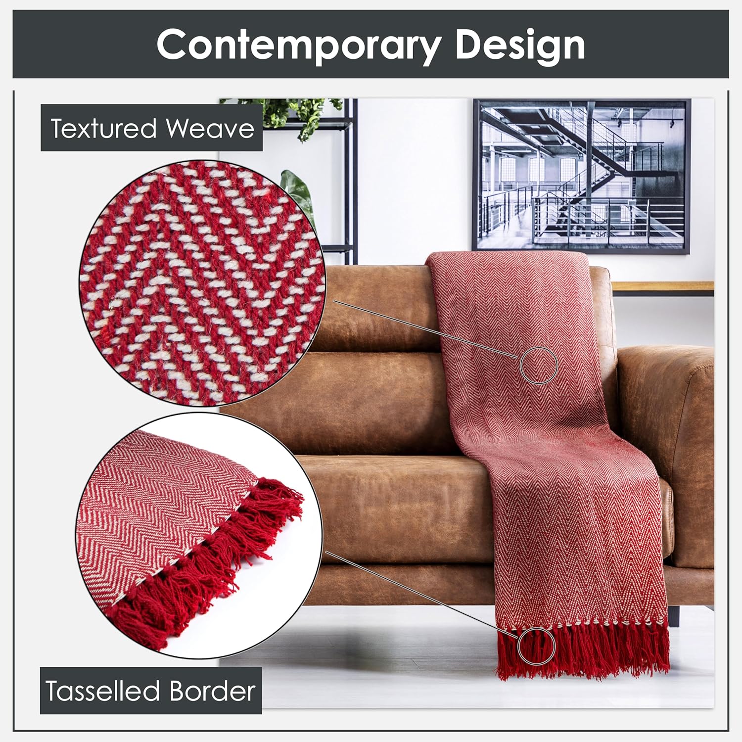 Emma Barclay Herringbone - Recycled Cotton Patterned Chair Sofa Setee Bed Throw Over Blanket in Natural - 50x60 (127x152cm)